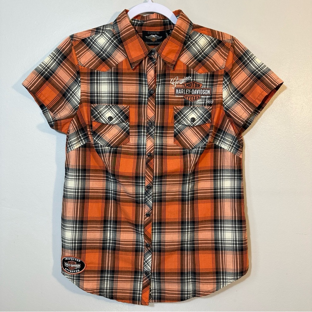 Harley Davidson Women’s Genuine Oil Can Plaid Short Sleeve Shirt Size M